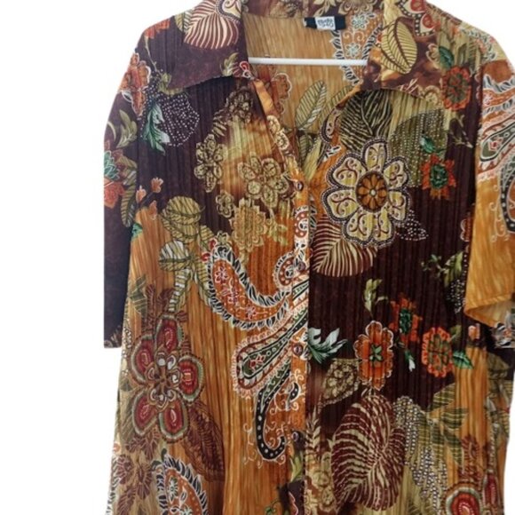 Vintage Studio 1940 Womens Crinkle Blouse Brown Combo Floral Paisley Plus 2X - Picture 2 of 3